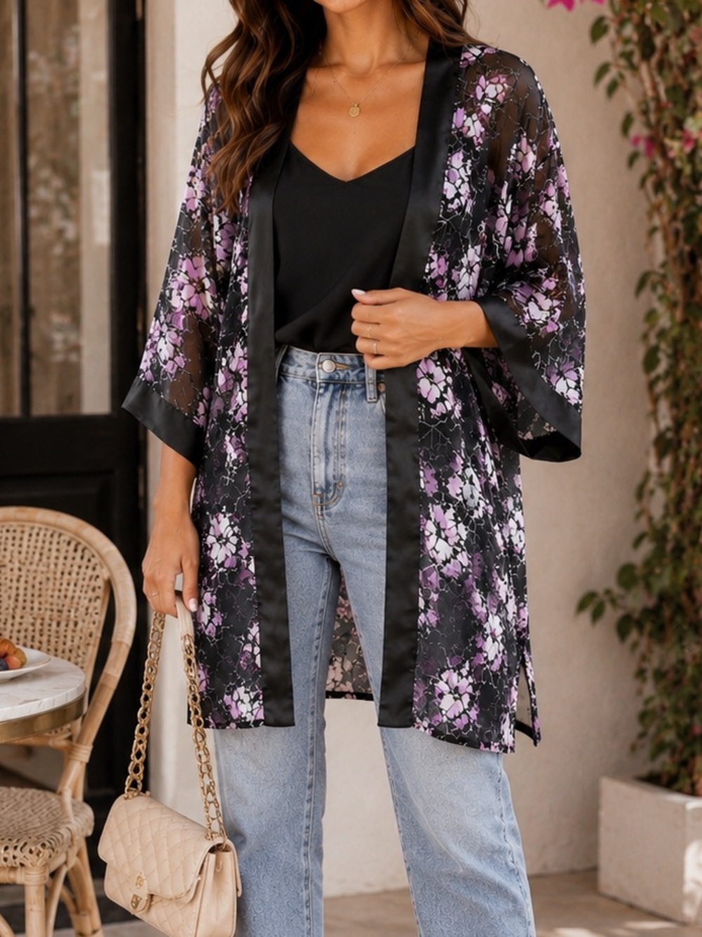 Jodi- Black & Lavender Floral Satin Kimono Duster Size M-L